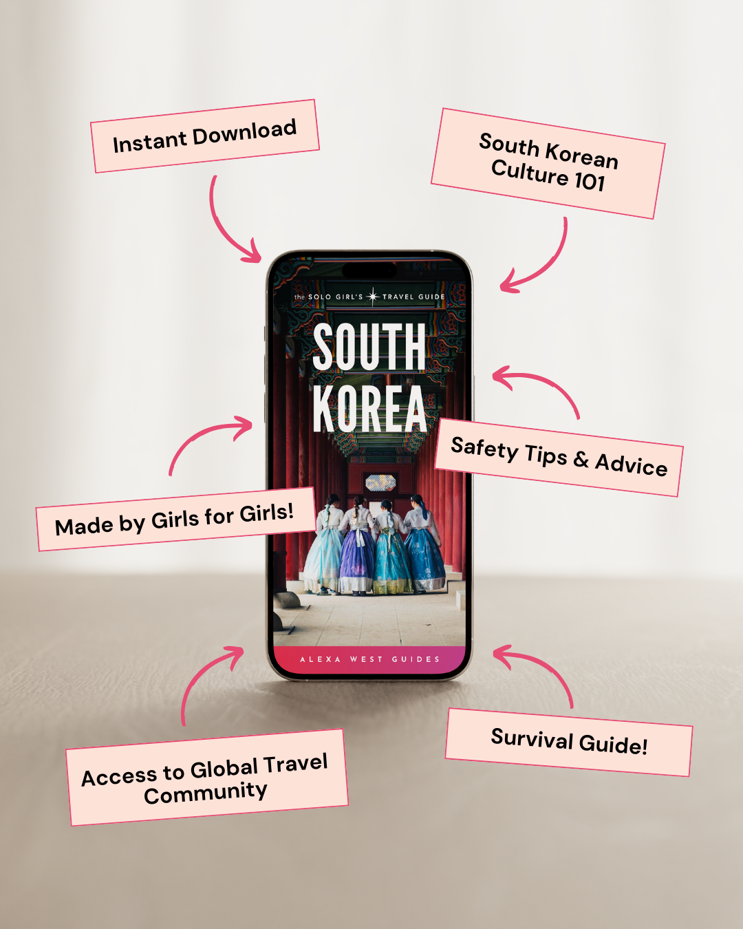 Phone displaying a travel guide app with text about South Korea on a light gray background