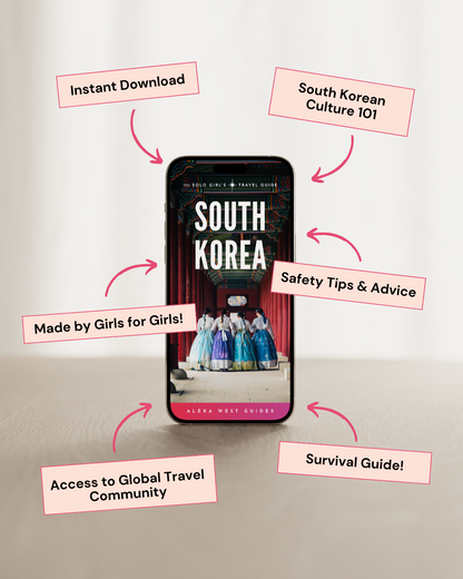 Phone displaying a travel guide app with text about South Korea on a light gray background