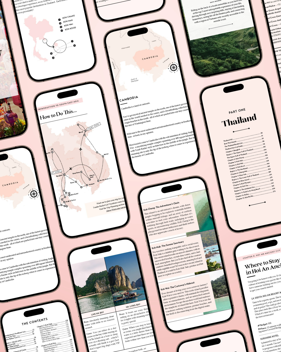 Collage of phone screens with travel content on a pink background