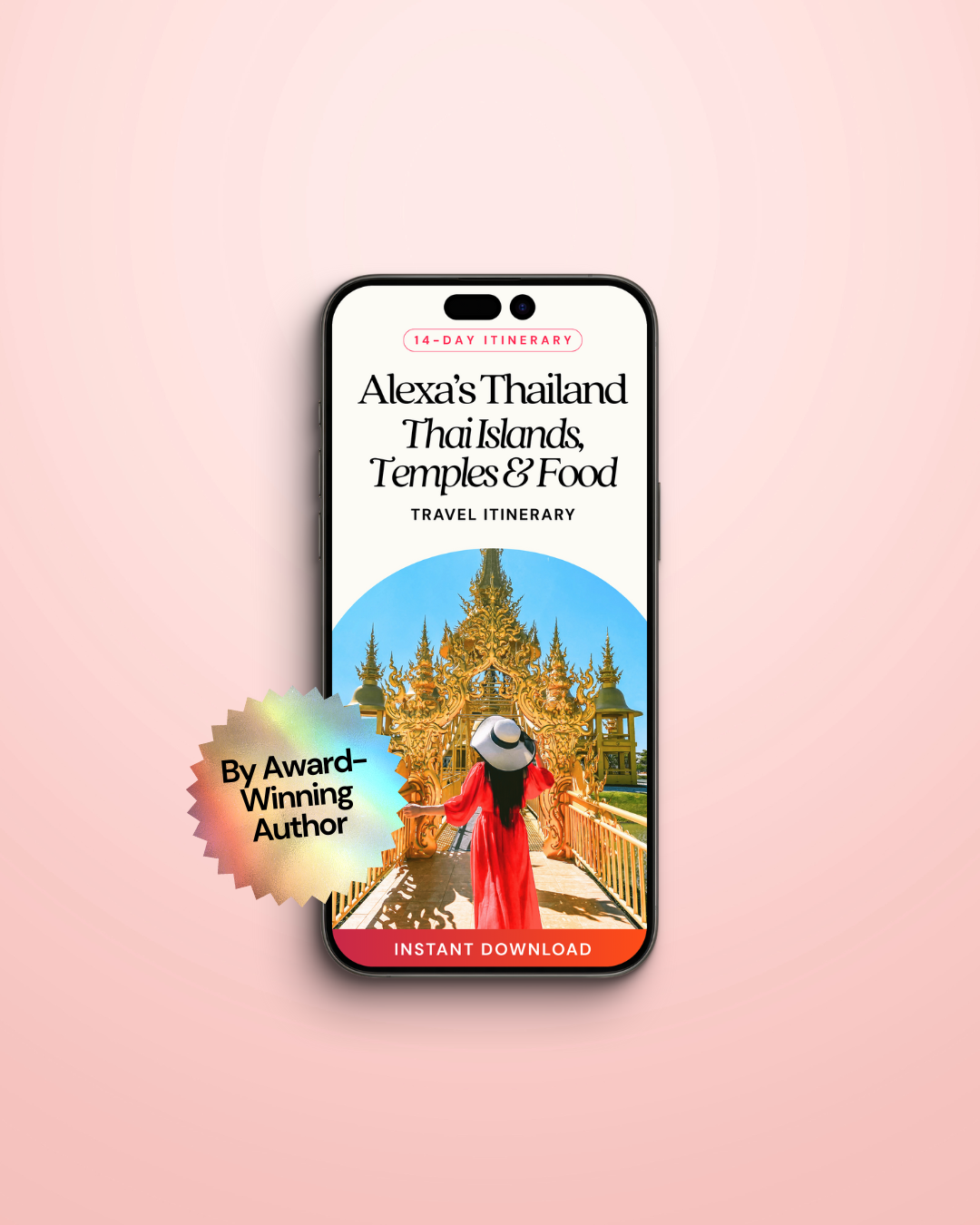Phone displaying a Thailand travel itinerary app with a pink background