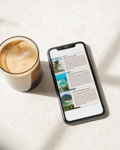 Phone with travel app on screen next to a cup of coffee on a light surface