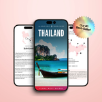 A promotional image featuring a smartphone displaying the cover of a digital travel guidebook titled 'Thailand'. The guidebook has an image of a boat and a tropical landscape on the cover.