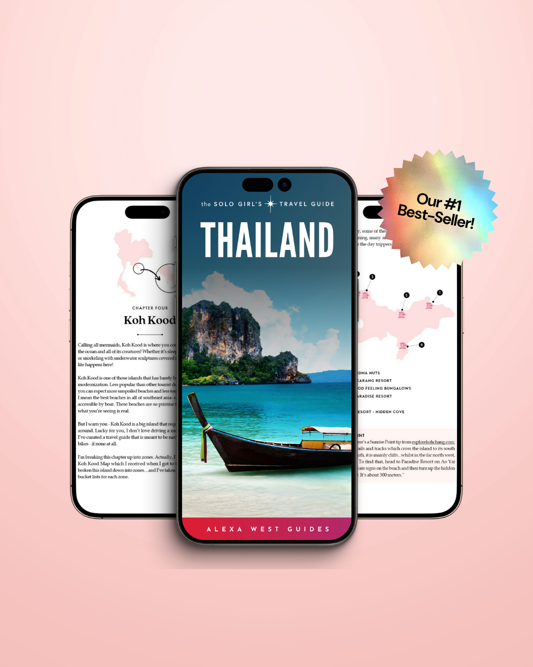 A promotional image featuring a smartphone displaying the cover of a digital travel guidebook titled 'Thailand'. The guidebook has an image of a boat and a tropical landscape on the cover.
