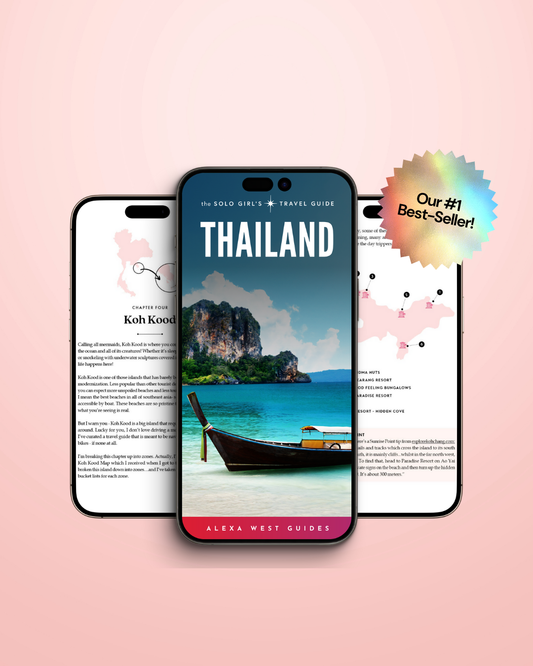A promotional image featuring a smartphone displaying the cover of a digital travel guidebook titled 'Thailand'. The guidebook has an image of a boat and a tropical landscape on the cover.