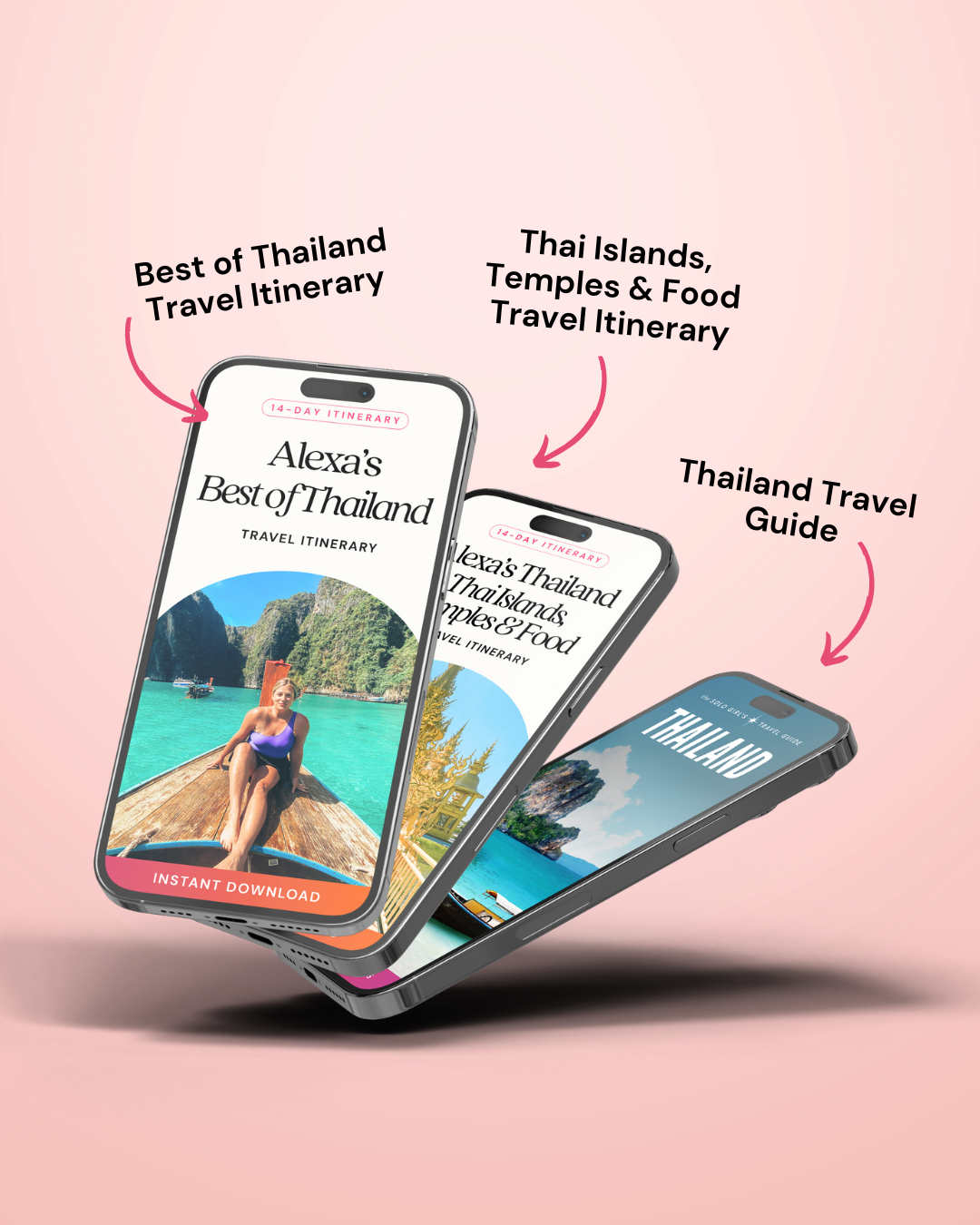 Three smartphones displaying travel guides on a pink background