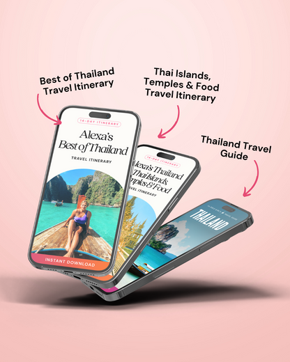 Three smartphones displaying travel guides on a pink background