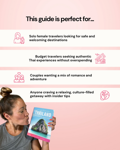 Person holding a Thailand travel guidebook with text about guide's target audience on a pink background