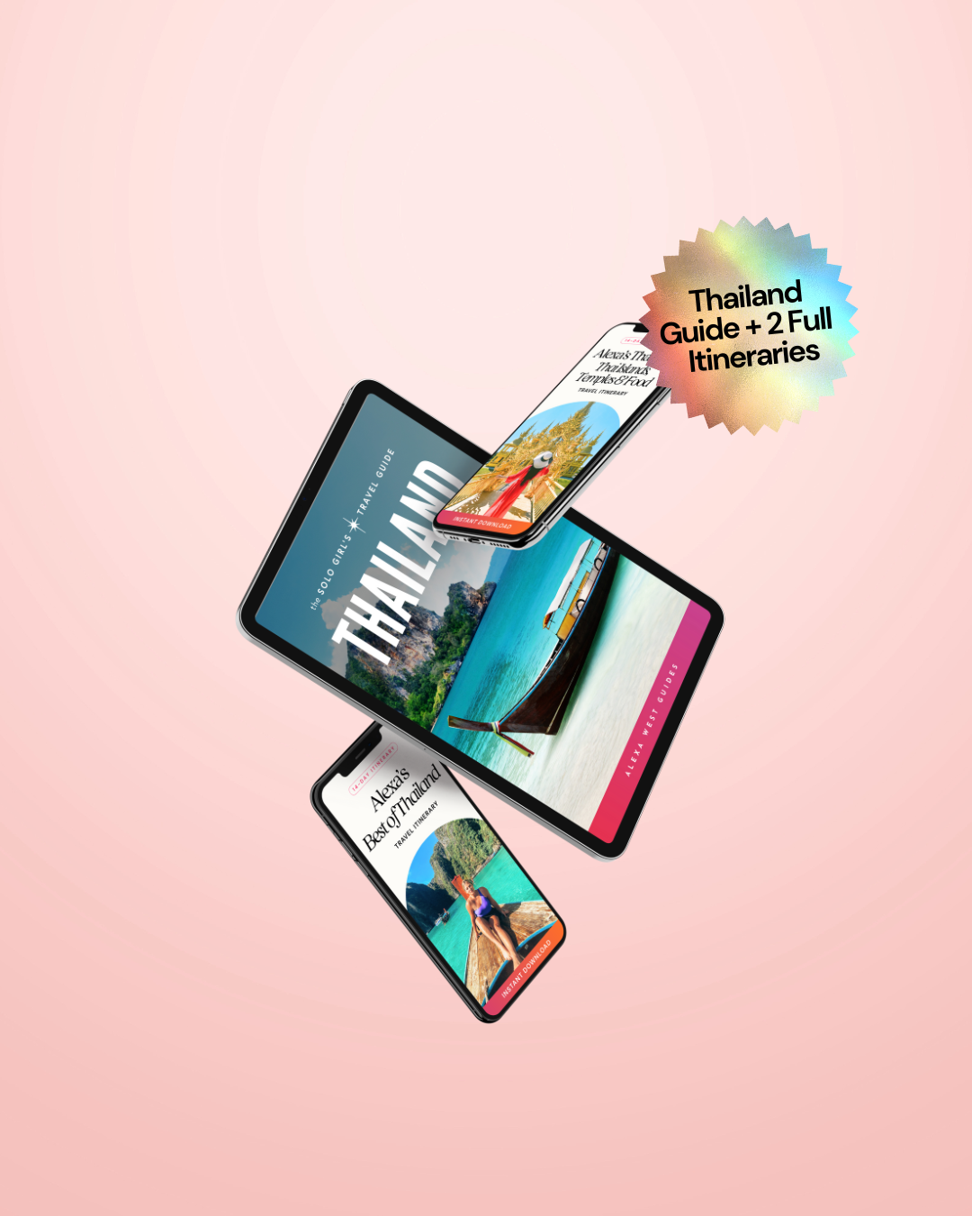 Digital devices displaying Thailand travel guides and itineraries on a pink background