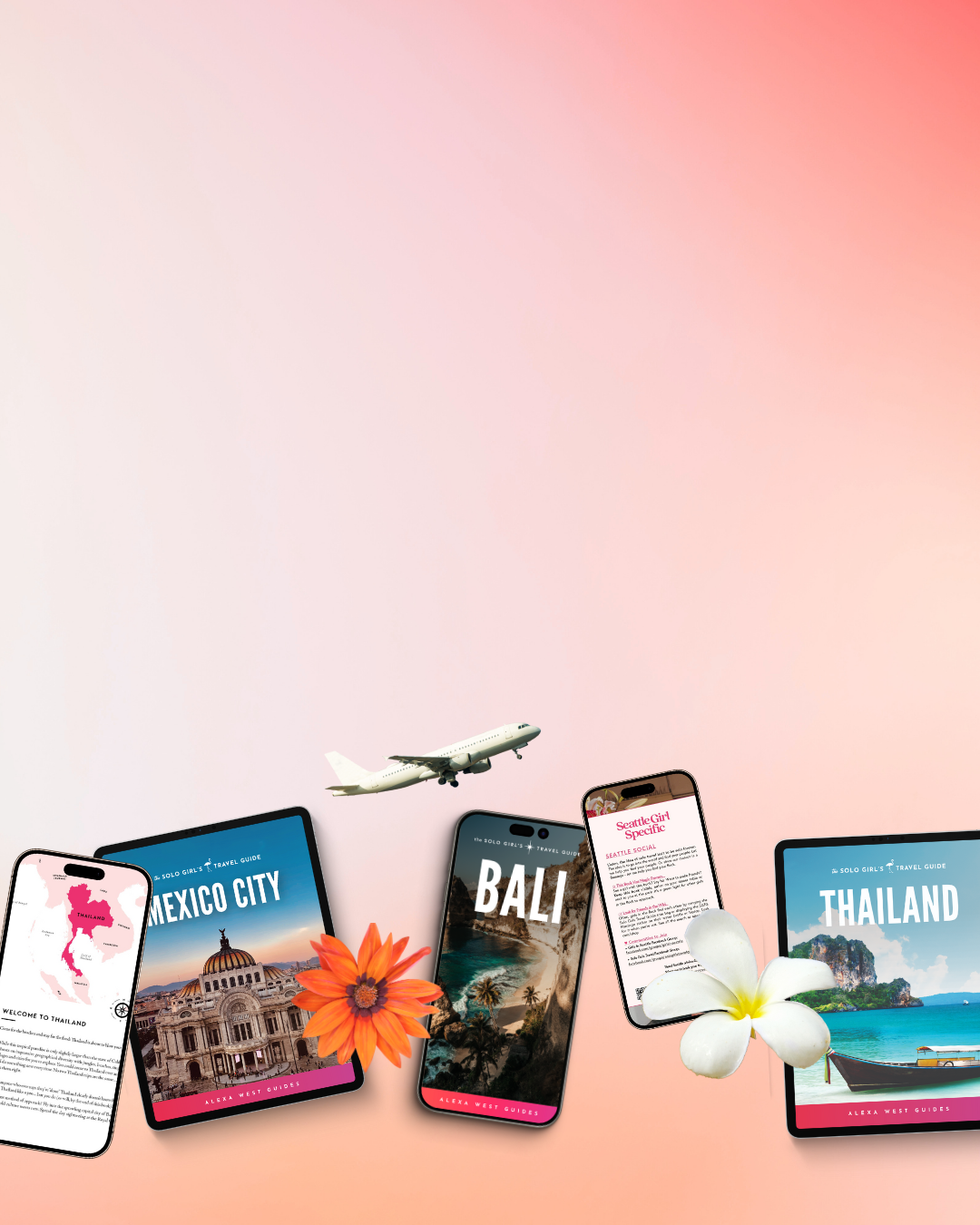 Smartphones displaying travel destinations on a gradient background