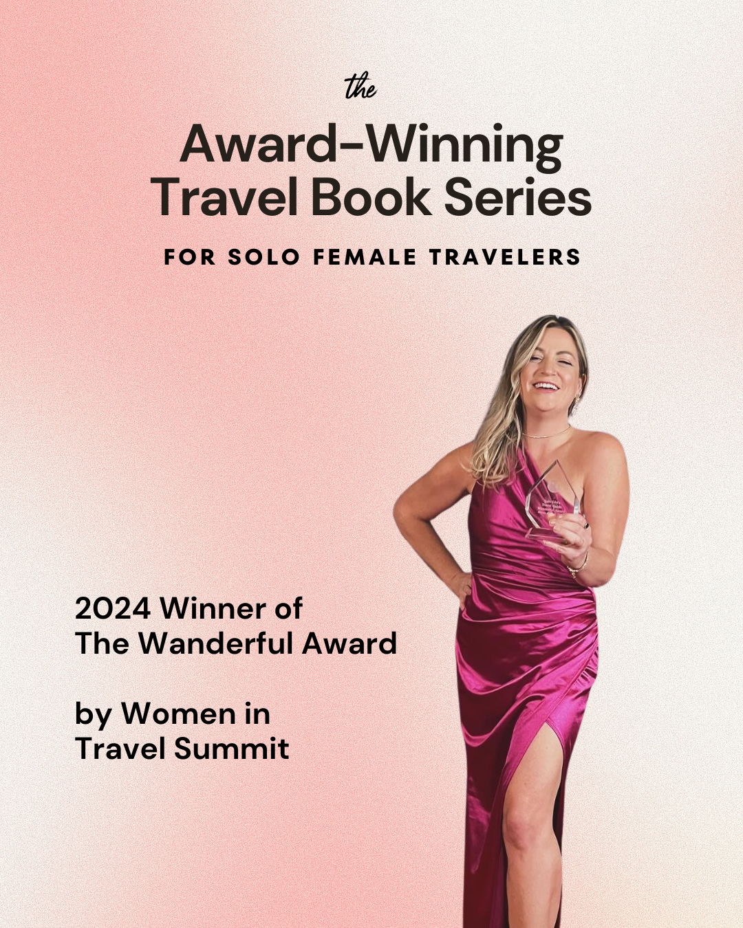Book cover with a woman in a pink dress and award text on a gradient background