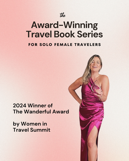 Book cover with a woman in a pink dress and award text on a gradient background
