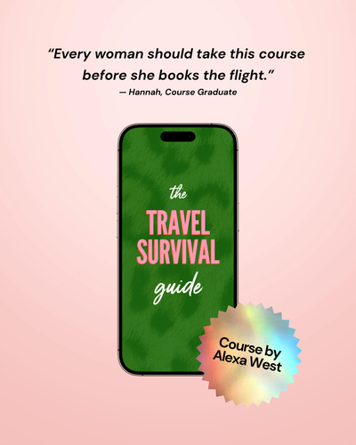 Phone with 'The Travel Survival Guide' on a pink background with a quote and course by Alexa West.