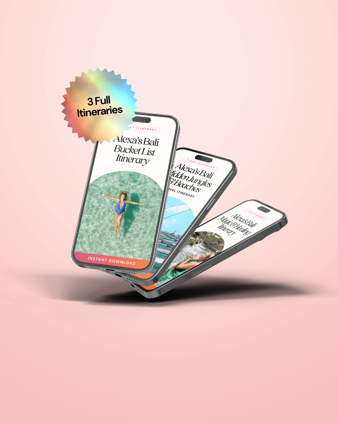 Three smartphones displaying travel itineraries on a pink background