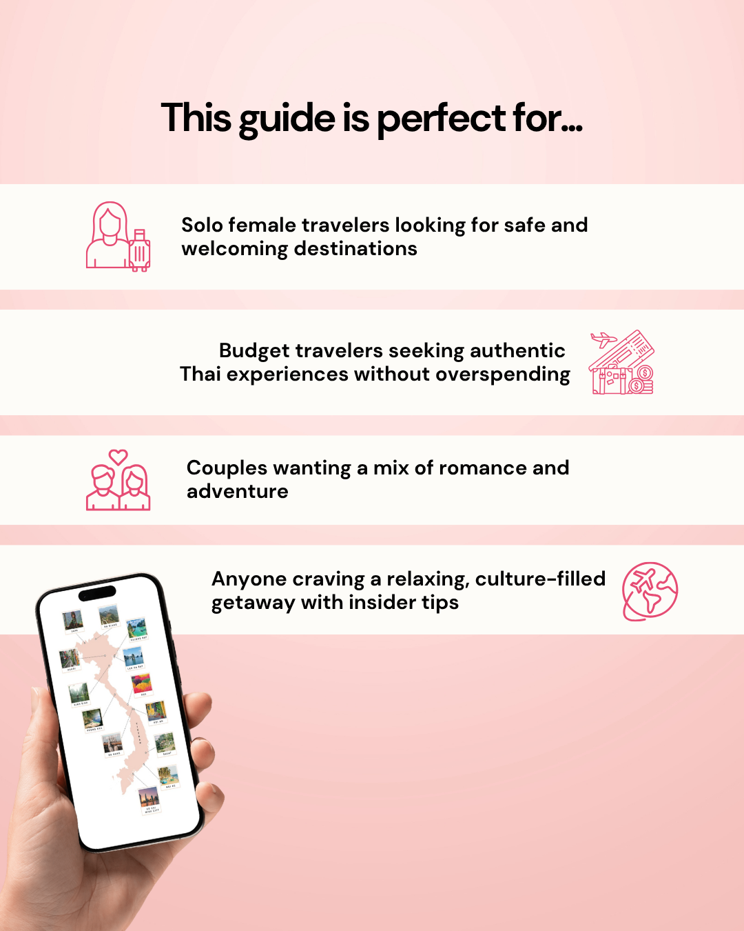 Phone displaying a map with text about travel guides on a pink background