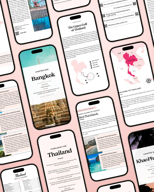 Collage of smartphone screens displaying travel content about Thailand on a pink background.