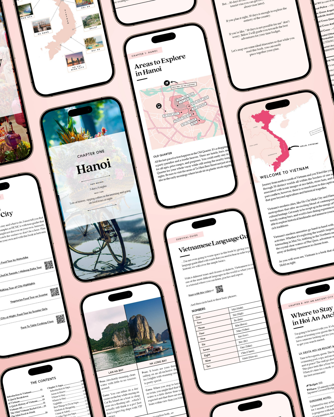 Collage of smartphone screens displaying travel guides and information on a pink background